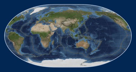 Photo for Tectonic plate boundaries on the world blue Marble satellite map in the Loximuthal projection centered on the 90th meridian east longitude - Royalty Free Image