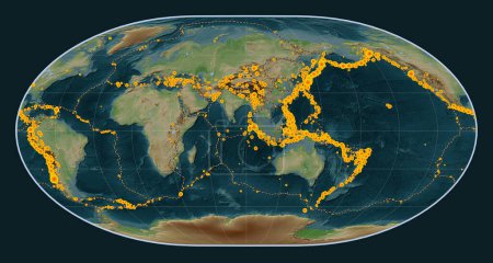 Photo for Locations of earthquakes above Richter 6.5 recorded since the early 17th century on the world wikipedia style elevation map in the Loximuthal projection centered on the 90th meridian east longitude - Royalty Free Image