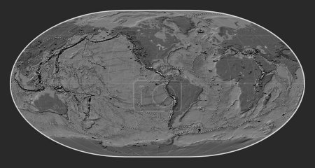 Foto de Distribución de volcanes conocidos en el mapa de elevación de bileveles del mundo en la proyección Loximuthal centrada en la longitud del meridiano 90 oeste - Imagen libre de derechos