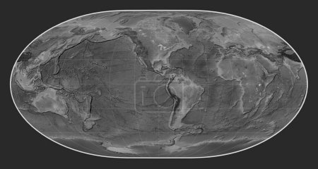 Foto de Mapa mundial de elevación a escala de grises en la proyección Loximuthal centrada en la longitud del meridiano 90 oeste - Imagen libre de derechos