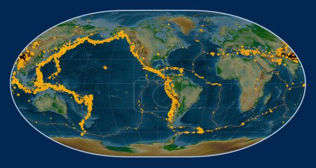 Photo for Locations of earthquakes above Richter 6.5 recorded since the early 17th century on the world physical elevation map in the Loximuthal projection centered on the 90th meridian west longitude - Royalty Free Image