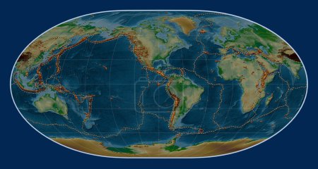 Photo for Distribution of known volcanoes on the world physical elevation map in the Loximuthal projection centered on the 90th meridian west longitude - Royalty Free Image
