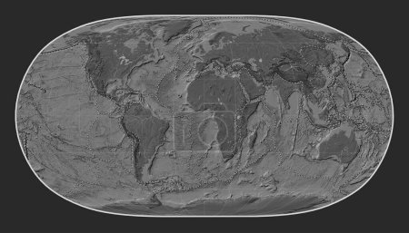 Foto de Límites de placas tectónicas en el mapa de elevación de bileveles del mundo en la proyección de la Tierra Natural II centrada en el meridiano primario - Imagen libre de derechos