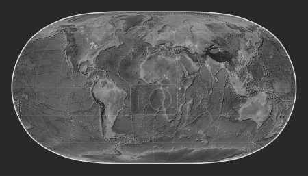Téléchargez les photos : Limites des plaques tectoniques sur la carte de l'altitude en niveaux de gris dans la projection Natural Earth II centrée sur le méridien principal - en image libre de droit