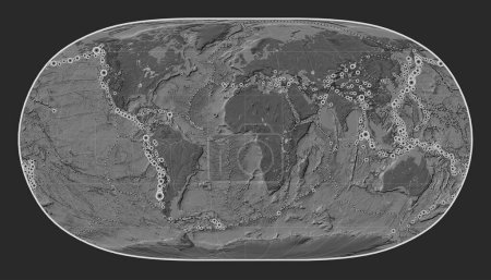 Téléchargez les photos : Emplacements des tremblements de terre au-dessus de 6,5 magnitude enregistrés depuis le début du 17ème siècle sur la carte d'altitude bilevel mondiale dans la projection Natural Earth II centrée sur le méridien principal - en image libre de droit