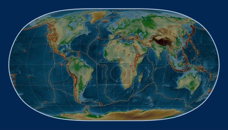 Foto de Distribución de volcanes conocidos en el mapa de elevación física mundial en la proyección de la Tierra Natural II centrada en el meridiano primario - Imagen libre de derechos