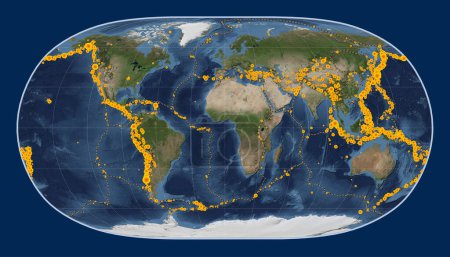 Foto de Localizaciones de terremotos por encima de 6,5 magnitudes registradas desde principios del siglo XVII en el mapa satelital de mármol azul del mundo en la proyección de la Tierra Natural II centrada en el meridiano primario - Imagen libre de derechos