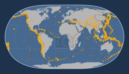 Photo for Locations of earthquakes above 6.5 magnitude recorded since the early 17th century on the world solid contour map in the Natural Earth II projection centered on the prime meridian - Royalty Free Image