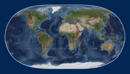 Foto de Distribución de volcanes conocidos en el mundo mapa satélite de mármol azul en la proyección de la Tierra Natural II centrada en el meridiano primario - Imagen libre de derechos