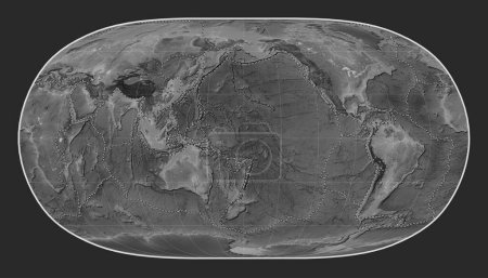 Foto de Límites de placas tectónicas en el mapa de elevación a escala de grises del mundo en la proyección de la Tierra Natural II centrada en la línea de fecha - Imagen libre de derechos