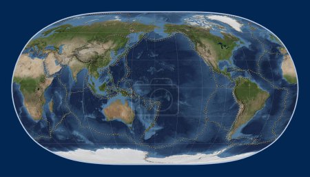Photo for Tectonic plate boundaries on the world blue Marble satellite map in the Natural Earth II projection centered on the date line - Royalty Free Image