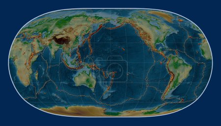 Téléchargez les photos : Distribution of known volcanoes on the world physical elevation map in the Natural Earth II projection centered on the date line - en image libre de droit
