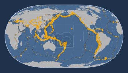Foto de Ubicaciones de terremotos por encima de Richter 6.5 registradas desde principios del siglo XVII en el mapa del contorno sólido mundial en la proyección de la Tierra Natural II centrada en la línea de fecha - Imagen libre de derechos