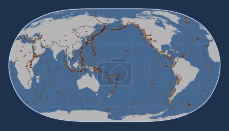 Téléchargez les photos : Distribution of known volcanoes on the world solid contour map in the Natural Earth II projection centered on the date line - en image libre de droit