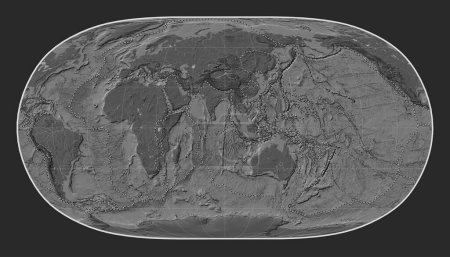 Photo for Tectonic plate boundaries on the world bilevel elevation map in the Natural Earth II projection centered on the 90th meridian east longitude - Royalty Free Image