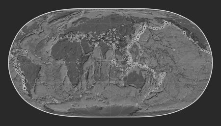 Foto de Ubicaciones de terremotos por encima de Richter 6.5 registradas desde principios del siglo XVII en el mapa de elevación de bileveles del mundo en la proyección de la Tierra Natural II centrada en la longitud del meridiano 90 este - Imagen libre de derechos