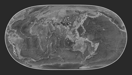 Photo for Locations of earthquakes above Richter 6.5 recorded since the early 17th century on the world grayscale elevation map in the Natural Earth II projection centered on the 90th meridian east longitude - Royalty Free Image