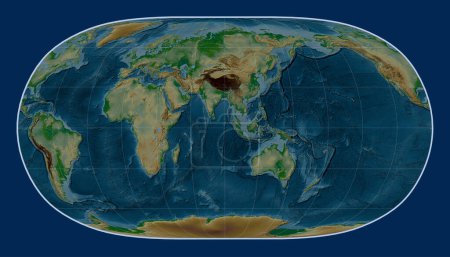 Téléchargez les photos : Carte de l'altitude physique mondiale dans la projection Natural Earth II centrée sur la 90e longitude est du méridien - en image libre de droit