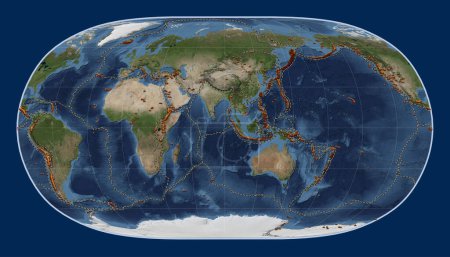 Photo for Distribution of known volcanoes on the world blue Marble satellite map in the Natural Earth II projection centered on the 90th meridian east longitude - Royalty Free Image