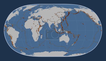 Foto de Distribución de volcanes conocidos en el mapa del contorno sólido del mundo en la proyección de la Tierra Natural II centrada en la longitud 90 meridiano-este - Imagen libre de derechos