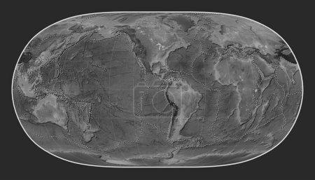 Photo for Tectonic plate boundaries on the world grayscale elevation map in the Natural Earth II projection centered on the 90th meridian west longitude - Royalty Free Image