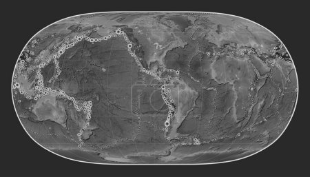 Foto de Ubicaciones de terremotos por encima de Richter 6.5 registradas desde principios del siglo XVII en el mapa de elevación a escala de grises del mundo en la proyección de la Tierra Natural II centrada en la longitud del meridiano 90 oeste - Imagen libre de derechos