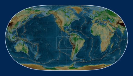 Foto de Límites de placas tectónicas en el mapa de elevación física del mundo en la proyección de la Tierra Natural II centrada en la longitud del meridiano 90 oeste - Imagen libre de derechos