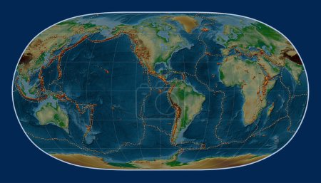 Foto de Distribución de volcanes conocidos en el mapa de elevación física mundial en la proyección de la Tierra Natural II centrada en la longitud del meridiano 90 oeste - Imagen libre de derechos