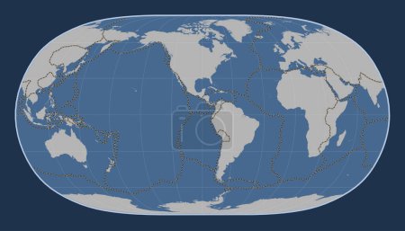 Téléchargez les photos : Limites des plaques tectoniques sur la carte de contour solide du monde dans la projection Natural Earth II centrée sur le 90e méridien longitude ouest - en image libre de droit
