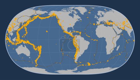 Photo for Locations of earthquakes above Richter 6.5 recorded since the early 17th century on the world solid contour map in the Natural Earth II projection centered on the 90th meridian west longitude - Royalty Free Image