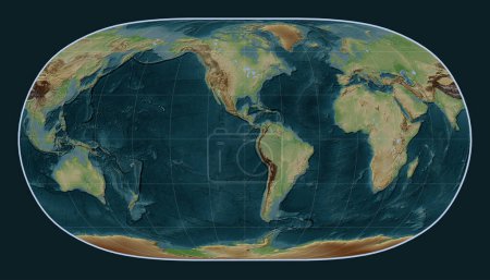 Téléchargez les photos : Carte d'élévation de style wikipédia du monde dans la projection Natural Earth II centrée sur la 90e longitude méridienne ouest - en image libre de droit