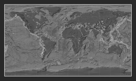 Photo for Locations of earthquakes above 6.5 magnitude recorded since the early 17th century on the world bilevel elevation map in the Patterson Cylindrical projection centered on the prime meridian - Royalty Free Image