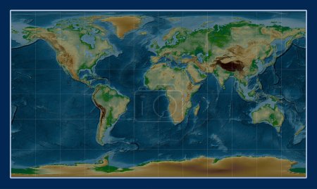 Téléchargez les photos : Carte de l'altitude physique mondiale dans la projection cylindrique de Patterson centrée sur le méridien principal - en image libre de droit