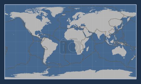 Foto de Límites de placas tectónicas en el mapa de contorno sólido mundial en la proyección cilíndrica Patterson centrada en el meridiano primario - Imagen libre de derechos