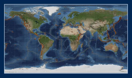Foto de Distribución de volcanes conocidos en el mapa satélite de mármol azul del mundo en la proyección cilíndrica Patterson centrada en el meridiano primario - Imagen libre de derechos