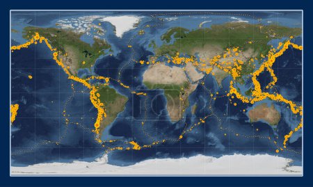Foto de Localizaciones de terremotos por encima de 6,5 magnitudes registradas desde principios del siglo XVII en el mapa satelital de mármol azul mundial en la proyección cilíndrica de Patterson centrada en el meridiano primario - Imagen libre de derechos