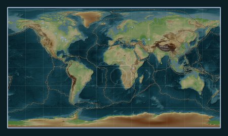 Foto de Límites de placas tectónicas en el mapa de elevación de estilo wiki mundial en la proyección cilíndrica Patterson centrada en el meridiano primario - Imagen libre de derechos