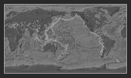 Photo for Locations of earthquakes above Richter 6.5 recorded since the early 17th century on the world bilevel elevation map in the Patterson Cylindrical projection centered on the date line - Royalty Free Image
