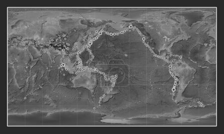 Photo for Locations of earthquakes above Richter 6.5 recorded since the early 17th century on the world grayscale elevation map in the Patterson Cylindrical projection centered on the date line - Royalty Free Image