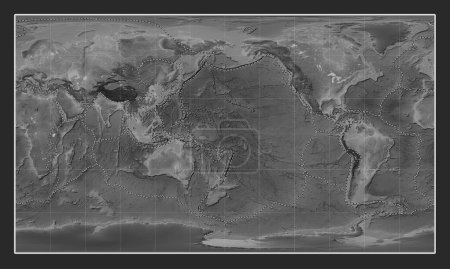 Foto de Límites de placas tectónicas en el mapa de elevación de escala de grises del mundo en la proyección cilíndrica Patterson centrada en la línea de fecha - Imagen libre de derechos