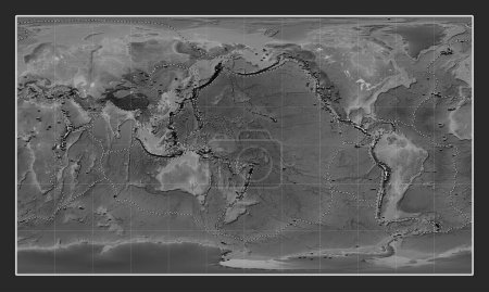 Téléchargez les photos : Distribution of known volcanoes on the world grayscale elevation map in the Patterson Cylindrical projection centered on the date line - en image libre de droit