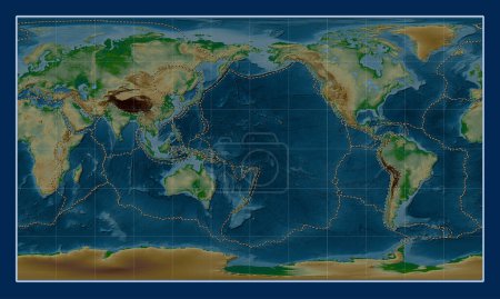 Téléchargez les photos : Limites des plaques tectoniques sur la carte de l'altitude physique mondiale dans la projection cylindrique Patterson centrée sur la ligne de date - en image libre de droit