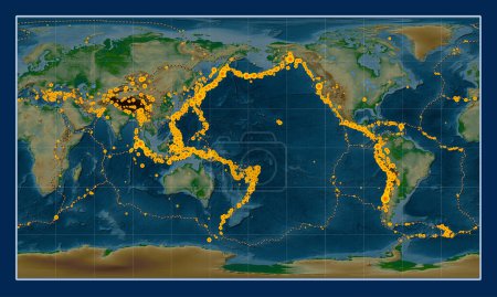 Foto de Ubicaciones de terremotos por encima de Richter 6.5 registradas desde principios del siglo XVII en el mapa de elevación física mundial en la proyección cilíndrica Patterson centrada en la línea de fecha - Imagen libre de derechos