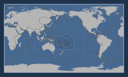 Foto de Límites de placas tectónicas en el mapa de contorno sólido mundial en la proyección cilíndrica Patterson centrada en la línea de fecha - Imagen libre de derechos
