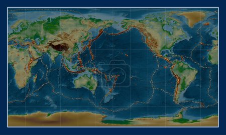 Téléchargez les photos : Distribution of known volcanoes on the world physical elevation map in the Patterson Cylindrical projection centred on the date line - en image libre de droit
