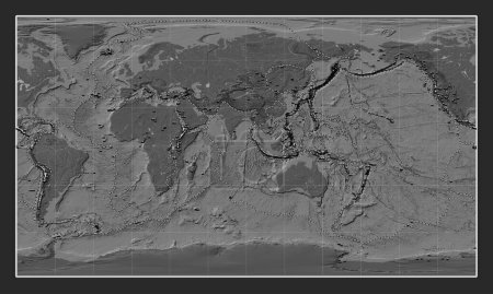 Téléchargez les photos : Distribution of known volcanoes on the world bilevel elevation map in the Patterson Cylindrical projection centered on the 90th meridian east longitude - en image libre de droit