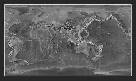 Photo for Locations of earthquakes above 6.5 magnitude recorded since the early 17th century on the world grayscale elevation map in the Patterson Cylindrical projection centered on the 90th meridian east longitude - Royalty Free Image