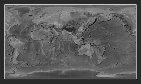 Téléchargez les photos : Distribution of known volcanoes on the world grayscale elevation map in the Patterson Cylindrical projection centered on the 90th meridian east longitude - en image libre de droit
