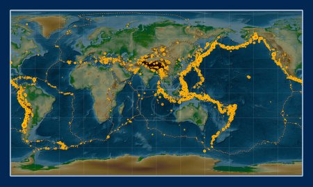 Téléchargez les photos : Lieux des tremblements de terre de plus de 6,5 magnitude enregistrés depuis le début du XVIIe siècle sur la carte de l'altitude physique mondiale dans la projection cylindrique de Patterson centrée sur la 90e longitude du méridien est - en image libre de droit