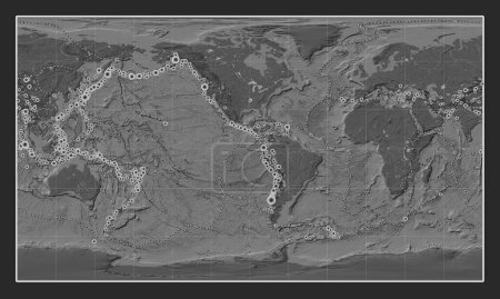 Téléchargez les photos : Emplacements des tremblements de terre au-dessus de 6,5 magnitude enregistrés depuis le début du 17ème siècle sur la carte de l'altitude bilevel mondiale dans la projection cylindrique Patterson centrée sur la longitude ouest du 90ème méridien - en image libre de droit